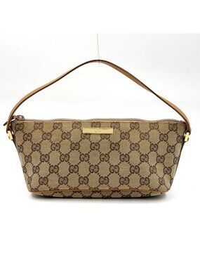 Gucci GG Pattern Leather Canvas Dark Brown Beige Handbag Gold